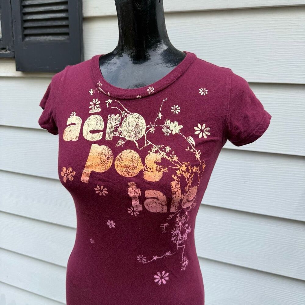 Y2K Aeropostale Floral Logo Baby Tee Burgundy Fitted Top Shirt